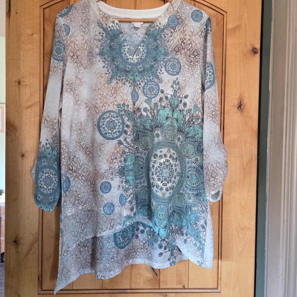 Chico's Sz 2 Assymetric Hi-Lo 3/4 Sleeve Mandala Pattern Boho Blouse